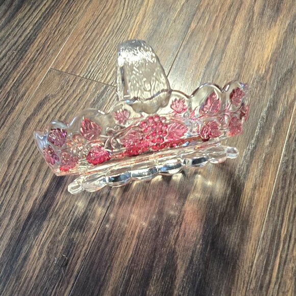 Vintage WESTMORLAND GLASS Oval Basket w/ Split Handle & Raised Grape Pattern - Picture 5 of 6